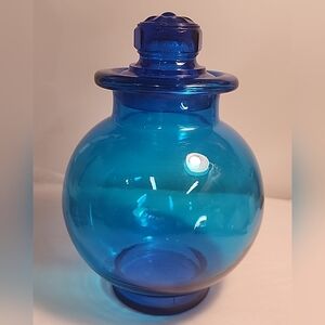 Vintage Cobalt Blue Apothecary Jar Grinded Starburst Lid 7 1/2" Tall Round USA